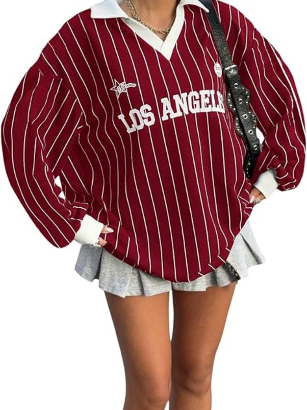 Women's Oversized Tees Striped Letter Print Y2k Jersey T Shirt Collar V Neck